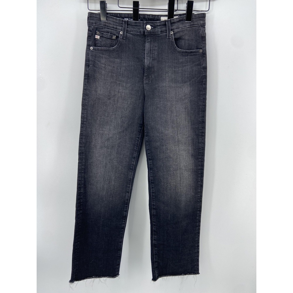 AG Jeans Womens 30 Black Saige High Rise Straight Ankle Raw Hem Stretch Distress